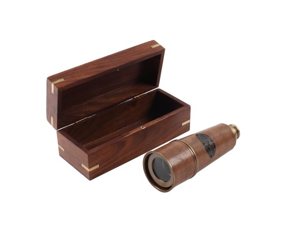 Telescope with leather cover in wooden Box